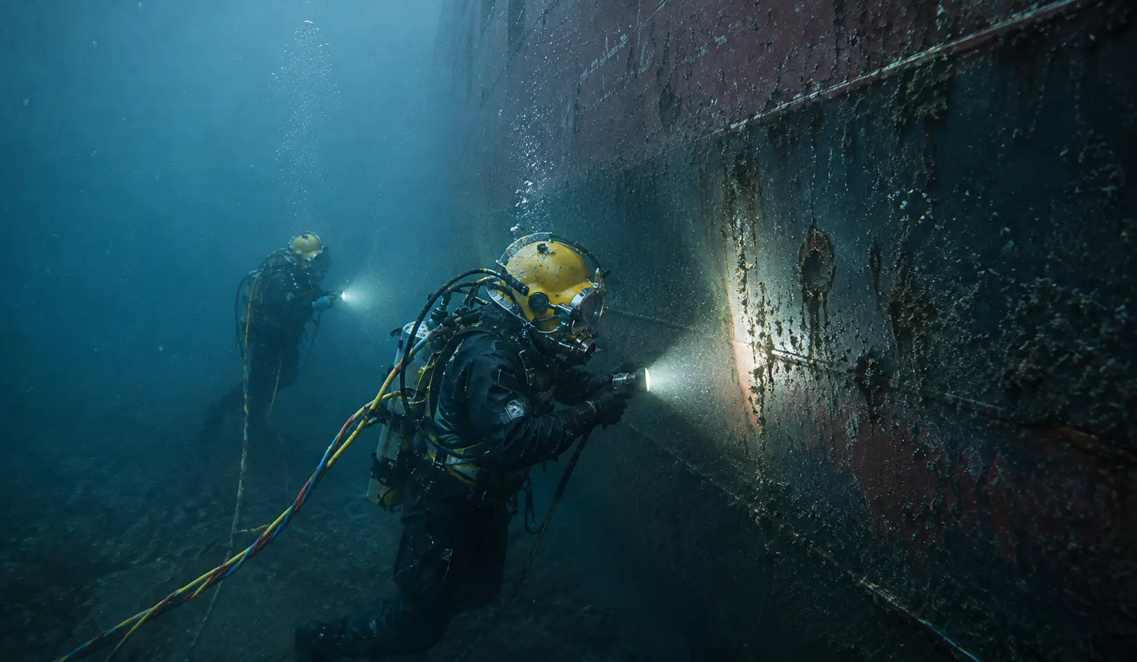 Commercial Divers Inspecting a Rusted Hull
